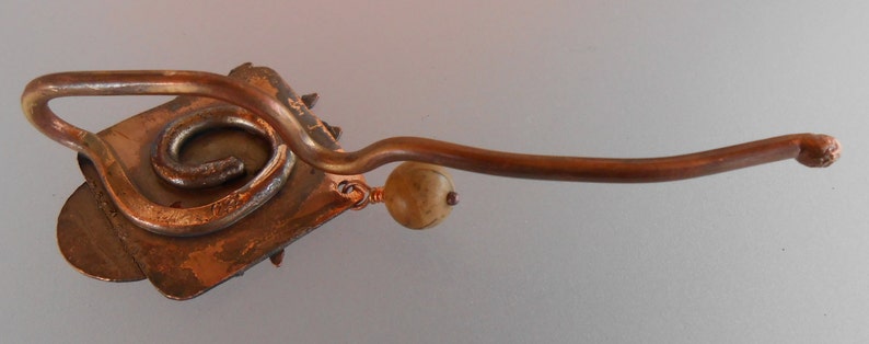 Shawl pin copper with Frolicking Horse and sun design with picture jasper bead