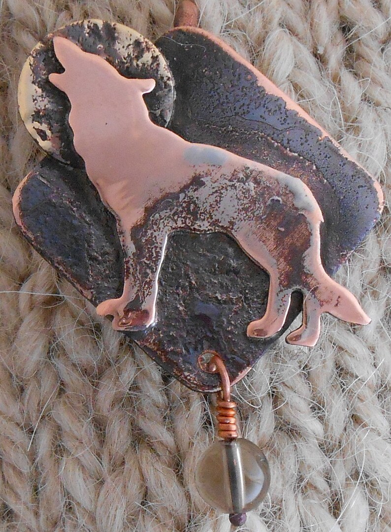 Shawl pin copper with wolf howling at the moon design