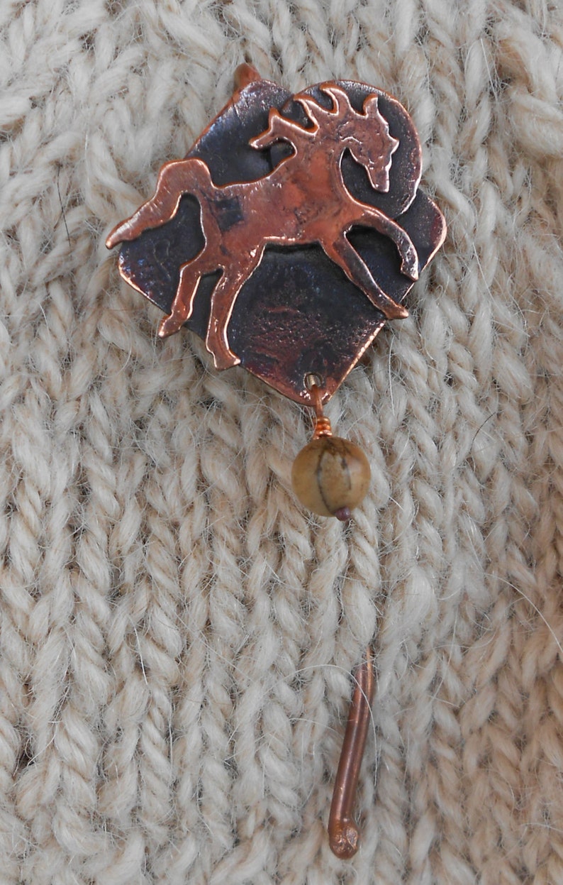Shawl pin copper with Frolicking Horse and sun design with picture jasper bead