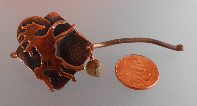 Shawl pin copper with Frolicking Horse and sun design with picture jasper bead