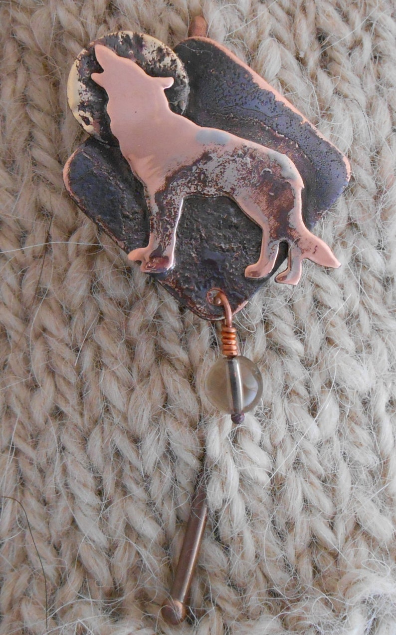 Shawl pin copper with wolf howling at the moon design