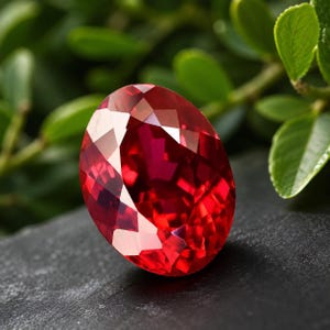 Puede incluir: Una gema de corte ovalado con un color rojo intenso y una superficie multifacetada que refleja la luz. La piedra presenta un acabado pulido y brillante con bordes geométricos definidos, mostrando un tono carmesí rico y saturado en toda su estructura.