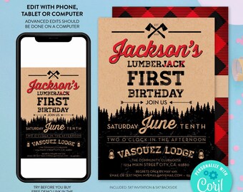 Lumberjack First Birthday Invitation EDITABLE, Buffalo Plaid Template download