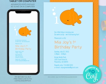 Goldfish First Birthday Invitation EDITABLE, Orange & Blue Template Instant download