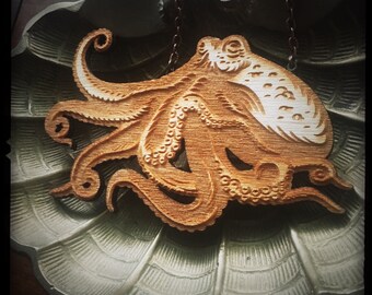 SMALL | Octopus Necklace | Vintage Inspired | Wooden Octopus Pendant | Nautical Jewelry