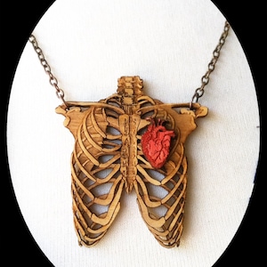 Large Wooden Rib cage with Heart Necklace