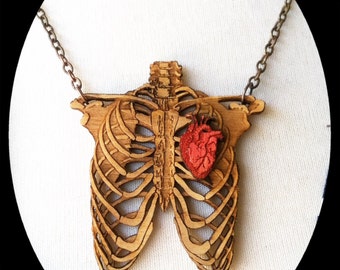 Large Wooden Rib cage with Heart Necklace