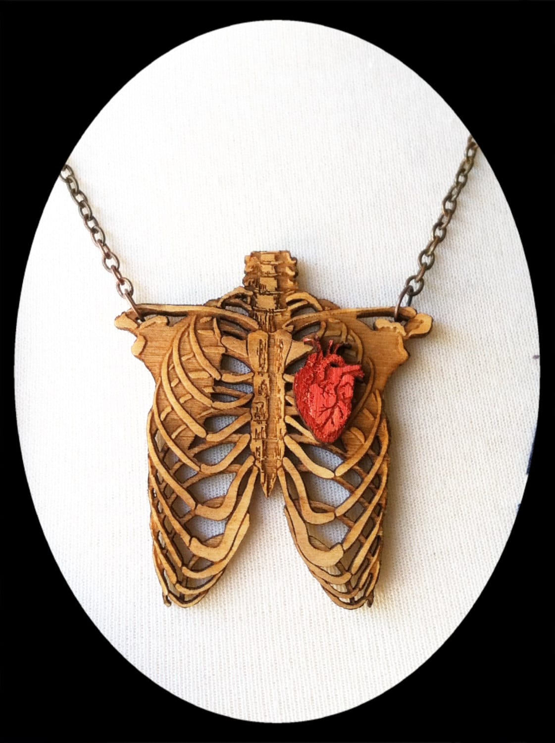 Large Wooden Rib Cage With Heart Necklace Etsy