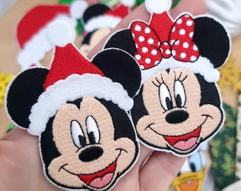 Mickey Minnie Santa hat Christmas Embroidered Patch – Mickey Hat, Minnie, Christmas – Iron or Stitch – Clothes, Denim Jackets, Hats, Bags