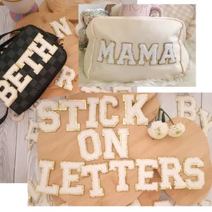 May include: White fabric letters with gold trim spelling out "STICK ON LETTERS" on a wooden surface. There are also white fabric letters spelling out "MAMA" and "BETH" on other surfaces.