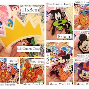 May include: A collection of embroidered patches featuring various cartoon characters in Halloween costumes, including ghosts, pumpkins, and crowns. Each patch is labeled with its name and dimensions in centimeters, such as Mickey Ghost 10x8cm, Evil Queen Crown 11x8cm, and Ursula Shell 5x4cm.