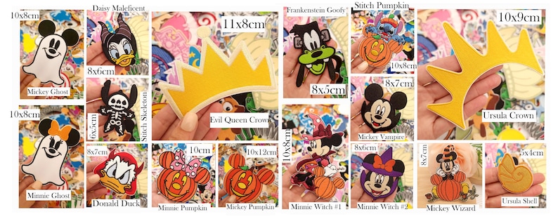 May include: A collection of embroidered patches featuring various cartoon characters in Halloween costumes, including ghosts, pumpkins, and crowns. Each patch is labeled with its name and dimensions in centimeters, such as Mickey Ghost 10x8cm, Evil Queen Crown 11x8cm, and Ursula Shell 5x4cm.