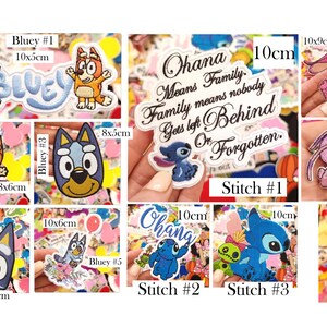 May include: A collection of embroidered patches featuring characters from Bluey and Lilo & Stitch. The patches display various poses and include text such as Ohana Means Family. Dimensions are printed on each patch, ranging from 8x5cm to 11x10cm.
