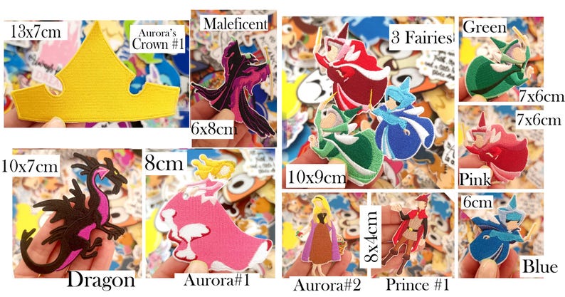 May include: Assortment of colorful fabric patches featuring characters and elements from a fairy tale. Includes a yellow crown (5.1 x 2.8 inches), a black dragon (3.9 x 2.8 inches), and a pink princess.