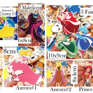 May include: A collection of embroidered patches featuring characters and items from a fairy tale, including a yellow 13x7cm crown, a 6x8cm Maleficent, a 10x9cm trio of fairies, a 10x7cm dragon, a pink dress, a 6cm green fairy, a 6cm pink fairy, and a 6cm blue fairy.