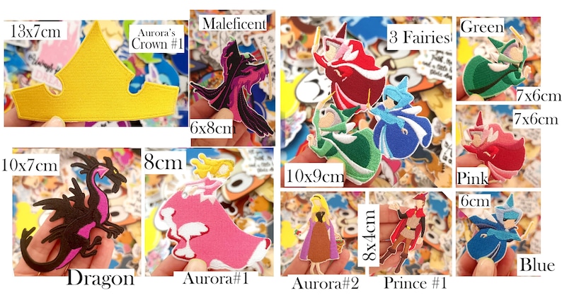 May include: A collection of embroidered patches featuring characters and items from a fairy tale, including a yellow 13x7cm crown, a 6x8cm Maleficent, a 10x9cm trio of fairies, a 10x7cm dragon, a pink dress, a 6cm green fairy, a 6cm pink fairy, and a 6cm blue fairy.