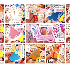 May include: A collection of embroidered patches featuring Cinderella-themed designs including a blue carriage, a clock, a prince, Cinderella, a quote, birds, a pink dress, a banner, mice, and a gold carriage, with dimensions listed in cm.