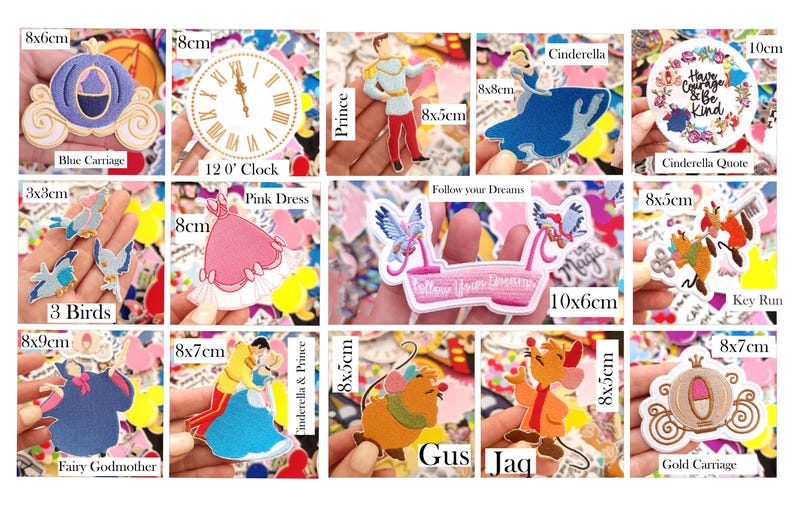 May include: A collection of embroidered patches featuring Cinderella-themed designs including a blue carriage, a clock, a prince, Cinderella, a quote, birds, a pink dress, a banner, mice, and a gold carriage, with dimensions listed in cm.