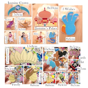 May include: A collection of embroidered fabric patches featuring characters and icons from animated films. The set includes Jasmine's crown, palace, lamp, Aladdin, Abu, Genie, Tiana's crown, Tiana, Louis, a firefly, cards, and a hat, with dimensions in cm.