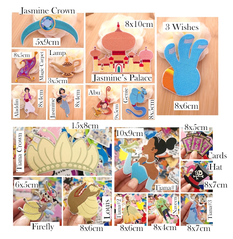 May include: A collection of embroidered fabric patches featuring characters and icons from animated films. The set includes Jasmine's crown, palace, lamp, Aladdin, Abu, Genie, Tiana's crown, Tiana, Louis, a firefly, cards, and a hat, with dimensions in cm.