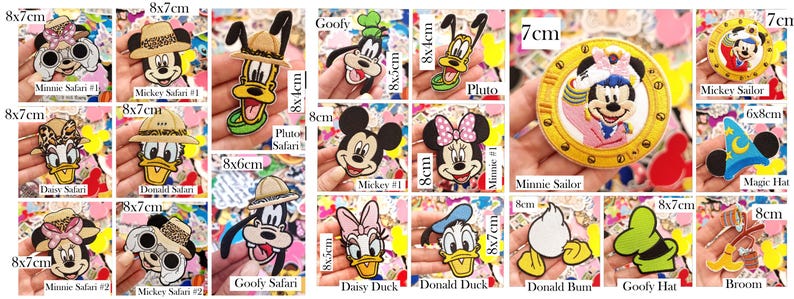 May include: A collection of embroidered fabric patches featuring various cartoon characters including Mickey, Minnie, Donald, Daisy, Goofy, and Pluto in safari, sailor, and classic outfits, with printed dimensions ranging from 6x8cm to 8x7cm.