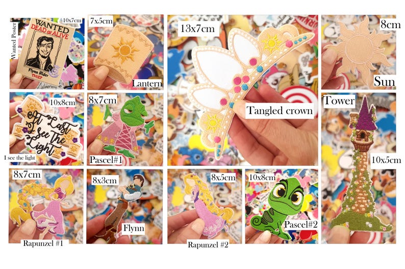 May include: A collection of colorful stickers featuring characters and elements from the movie Tangled. Includes a wanted poster, a lantern, a crown, a sun, a tower, and characters like Rapunzel and Flynn. Sizes vary, with the largest being 13cm x 7cm.