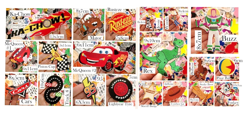 May include: A collection of embroidered patches featuring characters and symbols from the Cars and Toy Story movies, including Lightning McQueen, Mater, Buzz Lightyear, Rex, and Woody, with printed dimensions in centimeters ranging from 1x8cm to 10x7cm.