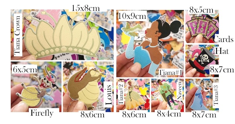 May include: A collection of colorful fabric patches featuring characters and symbols. Includes a gold crown (15x8cm), a princess, a pirate hat, playing cards, a firefly, a cartoon alligator, and other characters.