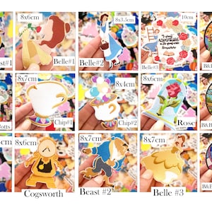 May include: A collection of colorful, die-cut stickers featuring characters and scenes from the animated film "Beauty and the Beast." Stickers include Beast, Belle, Mrs. Potts, Chip, Lumiere, Cogsworth, and stained-glass designs. Sizes vary, with some measuring up to 4 inches.