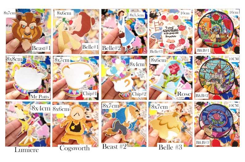 May include: A collection of colorful, die-cut stickers featuring characters and scenes from the animated film "Beauty and the Beast." Stickers include Beast, Belle, Mrs. Potts, Chip, Lumiere, Cogsworth, and stained-glass designs. Sizes vary, with some measuring up to 4 inches.