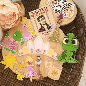 Op de afbeelding: Een verzameling geborduurde patches met personages en elementen uit de film "Tangled". Inclusief patches van Rapunzel, Flynn Rider, Pascal, een tiara, lantaarns en de zin "At Last I See the Light".