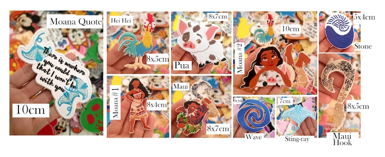 May include: A collection of Moana-themed embroidered patches featuring characters like Hei Hei, Pua, Maui, and Moana, along with symbols like a wave, stingray, stone, and hook. Each patch includes text labels and dimensions in cm, such as 10cm, 8x7cm, and 5x4cm.