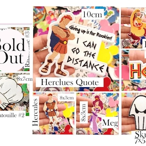 May include: A collection of die-cut vinyl stickers featuring various animated characters and quotes. Designs include a rat with a chef hat, Hercules, Meg, Phil, Pegasus, Hades, and a skull. Several stickers include text such as "Anyone can Cook" and "I CAN GO THE DISTANCE."