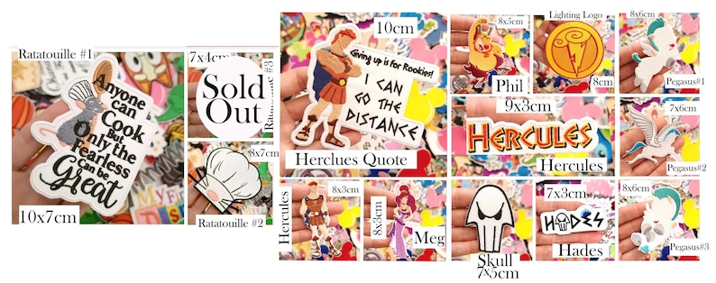 May include: A collection of die-cut vinyl stickers featuring various animated characters and quotes. Designs include a rat with a chef hat, Hercules, Meg, Phil, Pegasus, Hades, and a skull. Several stickers include text such as "Anyone can Cook" and "I CAN GO THE DISTANCE."