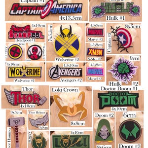 May include: A collection of embroidered fabric patches featuring Marvel characters and logos including Captain America, Hulk, Deadpool, Wolverine, X-Men, Avengers, Thor, Loki, and Doctor Doom, with printed labels indicating sizes in centimeters.
