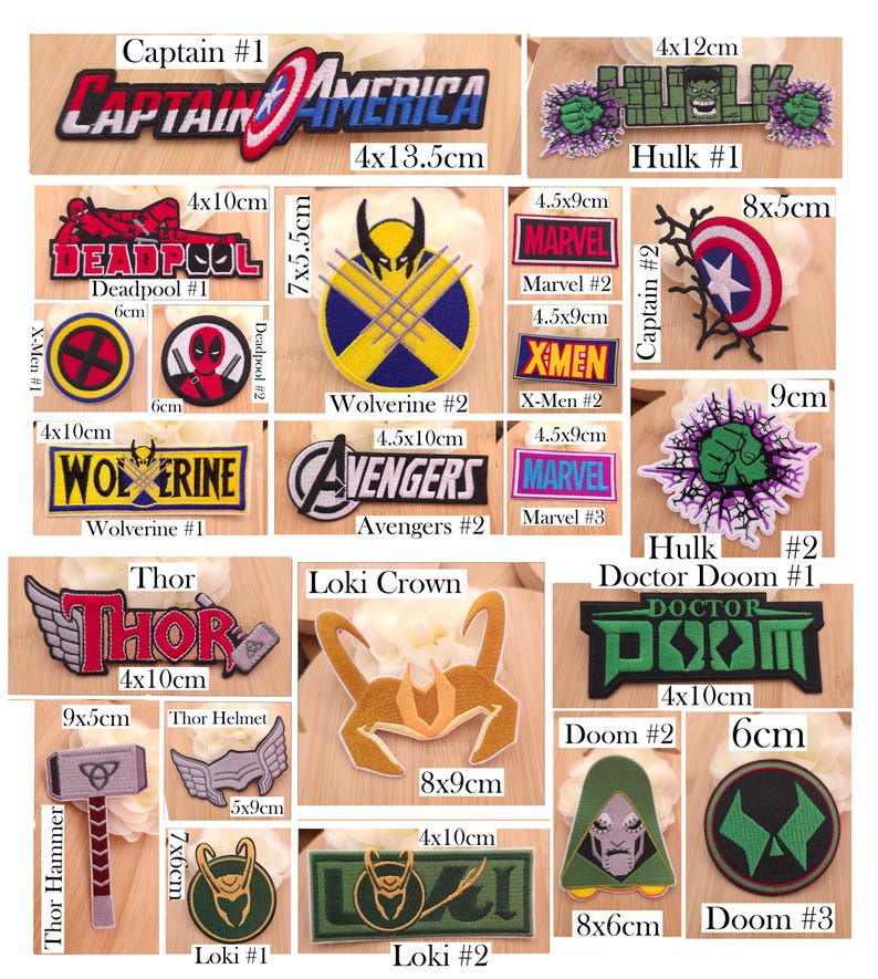 May include: A collection of embroidered fabric patches featuring Marvel characters and logos including Captain America, Hulk, Deadpool, Wolverine, X-Men, Avengers, Thor, Loki, and Doctor Doom, with printed labels indicating sizes in centimeters.