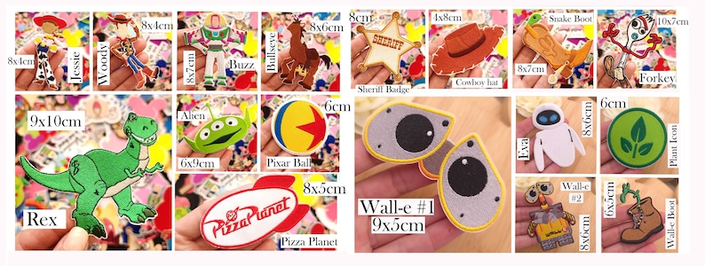May include: A collection of embroidered patches featuring characters and icons from animated films, including Rex, Woody, Buzz, Bullseye, Forkey, Wall-e, and Eva. Each patch is labeled with its name and dimensions in cm, such as 8x4cm, 9x10cm, and 9x5cm.