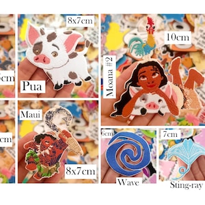 May include: A collection of colorful fabric patches featuring characters and symbols from the animated film "Moana." Includes Hei Hei, Pua, Moana, Maui, a wave, a stingray, a stone, and a hook. Sizes vary, with the largest being 10cm.