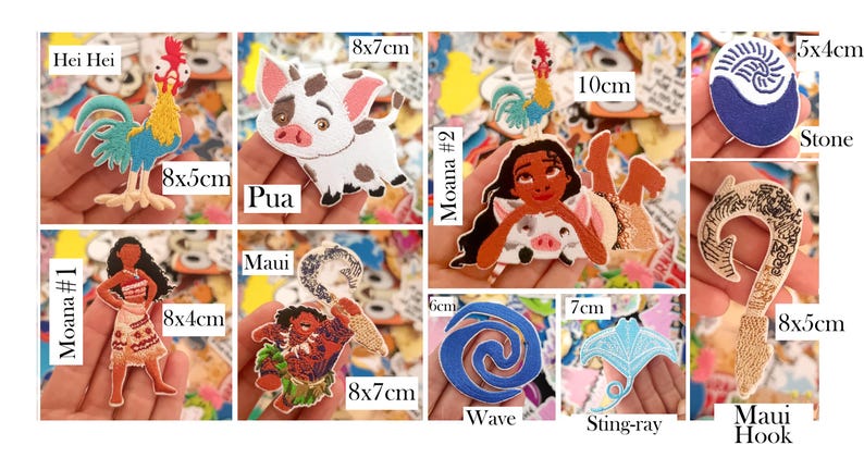 May include: A collection of colorful fabric patches featuring characters and symbols from the animated film "Moana." Includes Hei Hei, Pua, Moana, Maui, a wave, a stingray, a stone, and a hook. Sizes vary, with the largest being 10cm.