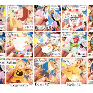 May include: A collection of colorful stickers featuring characters and scenes from a fairy tale. Includes Beast, Belle, Mrs. Potts, Chip, Lumiere, Cogsworth, and stained-glass designs. Sizes vary, with some measuring up to 4 inches.