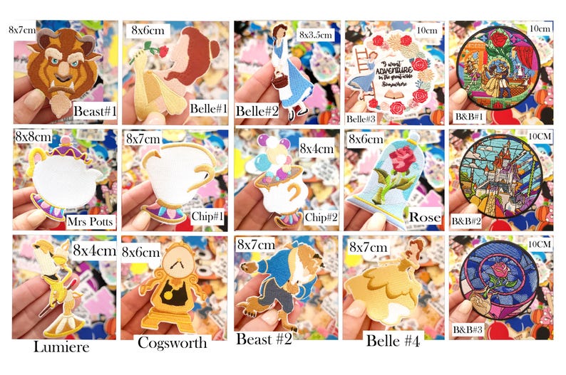 May include: A collection of colorful stickers featuring characters and scenes from a fairy tale. Includes Beast, Belle, Mrs. Potts, Chip, Lumiere, Cogsworth, and stained-glass designs. Sizes vary, with some measuring up to 4 inches.