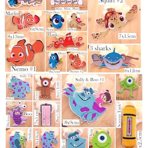 May include: A collection of embroidered fabric patches featuring various animated characters from Finding Nemo and Monsters Inc. Each patch displays specific dimensions in inches or centimeters, including characters like Dory, Nemo, Squirt, Marlin, Hank, Sully, Boo, and Mike, alongside themed items like a door and a tank.