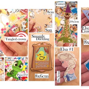 May include: A collection of die-cut stickers featuring characters and icons from Tangled and Frozen, including Flynn Rider, Pascal, Rapunzel, Elsa, and Anna. Each sticker is labeled with its name and dimensions in cm, such as the 10x4cm Anna's Crown.