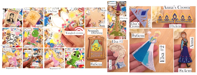 May include: A collection of die-cut stickers featuring characters and icons from Tangled and Frozen, including Flynn Rider, Pascal, Rapunzel, Elsa, and Anna. Each sticker is labeled with its name and dimensions in cm, such as the 10x4cm Anna's Crown.