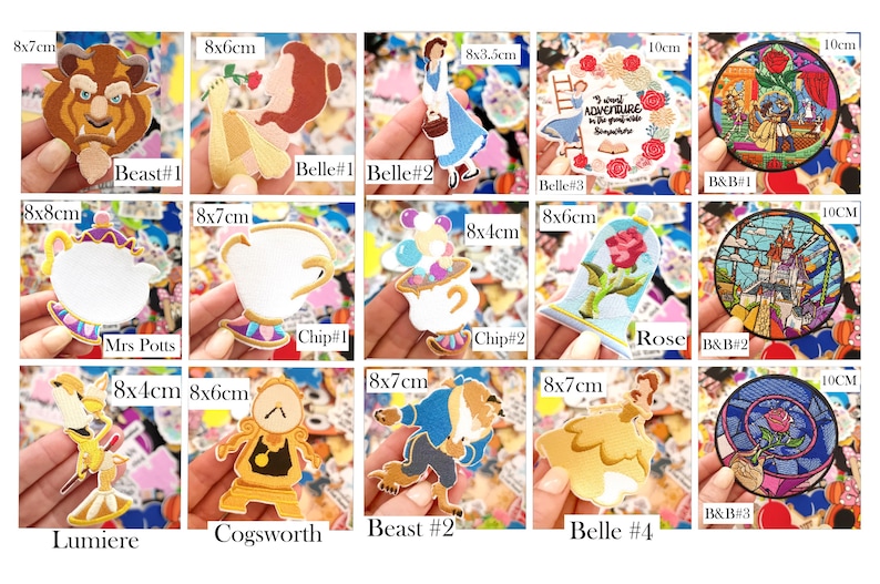 May include: A collection of fifteen embroidered patches featuring characters and icons from Beauty and the Beast, including Beast, Belle, Mrs. Potts, Chip, Lumiere, Cogsworth, and the enchanted rose, with sizes ranging from 8x3.5cm to 10cm.