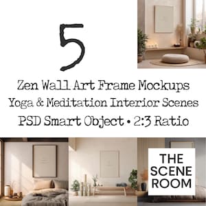 Mockup di Zen Wall Art per venditori Etsy | Scene di interni di yoga e meditazione | 5 cornici PSD | Proporzioni 2:3