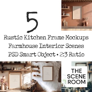 Rustic Kitchen Frame Mockups for Etsy Sellers | Cozy Cottage & Farmhouse Interiors | 5 PSD Wall Art Scenes | 2:3 Ratio