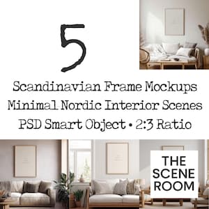 Set of 5 Soft Scandinavian Living Room Mockups | Natural Light Interior Scenes Mockup Bundle | Minimal Wall Art Frames | 2:3 Ratio PSD