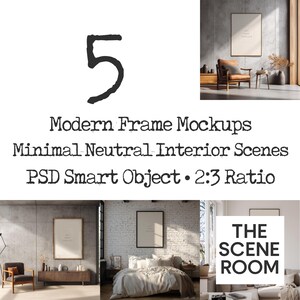 Modern Frame Mockup Set of 5, Minimal Interior Scenes, Neutral Wall Art Mockups | 2:3 Ratio