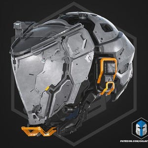 May include: A futuristic, angular helmet featuring a metallic silver finish with complex paneling and geometric plating. It includes bright orange accents on the side and chin guard, with the text PATREON.COM/GALACTICARMORY visible at the bottom.
